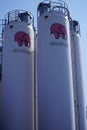 Stainless steel tanks with pink elephant at Brewery Huyghe, brewery of beer Delirium Tremens Royalty Free Stock Photo