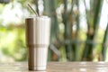 Stainless steel tumbler with stainless straw keeping of the drink cold or hot Royalty Free Stock Photo