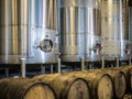 Stainless steel vats at 2 Towns Cidertown in a warehouse in Corvallis, Ore