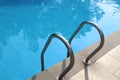 A stainless stell ladder in a swimming pool