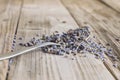 A stainless tea spoon of dried lavender on wood table Royalty Free Stock Photo