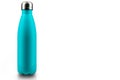 Stainless thermos water bottle, isolated on white background. Light blue color.