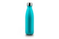 Stainless thermos water bottle, isolated on white background. Light blue color.