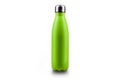 Stainless thermos water bottle, isolated on white background. Light green color.