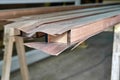 Stair handrail building process. Production of wood furniture. Furniture manufacture. Close-up