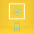 Stair to squar green light bulb outstanding in yellow background. Minimal concept.Idea.Flat lay. 3d render