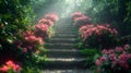 Staircase ascend to forest with pink flowers, lush greenery