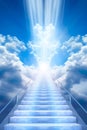 staircase ascends into the clouds, bathed in the warm embrace of sunrays.