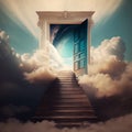 A staircase ascends towards an open door in the sky, Generative Ai