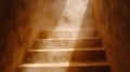 A staircase bathed in sunlight with dust particles floating, creating a mystical and ethereal atmosphere