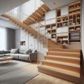 A staircase with built in storage compartments hidden in the r