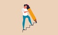 Staircase business effort and rise career development with goal. Man climb with pencil and draw vector illustration concept.