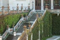 Staircase in castle covered with green leaves