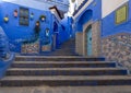 Staircase & entrance to one of two Zaoulas in Chefchaouen, a city in northwest Morocco noted for its buildings in shades of blue. Royalty Free Stock Photo