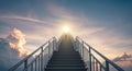 A staircase extends upward into a dramatic, cloud-filled sky with a bright sun at Royalty Free Stock Photo