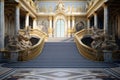 A staircase with gold railings and statues