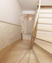 Staircase in the interior of a private house in a classic design. Wooden steps with gilded forged rails. 3D rendering