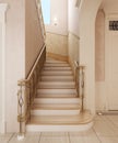 Staircase in the interior of a private house in a classic design. Wooden steps with gilded forged rails. 3D rendering Royalty Free Stock Photo