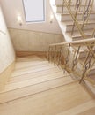 Staircase in the interior of a private house in a classic design. Wooden steps with gilded forged rails. 3D rendering