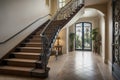 staircase with intricate ironwork, leading to detailed and majestic foyer