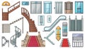 Staircase and lift vector color set icon.Vector illustration stair and escalator.Isolated color icon wooden of metal staircase on Royalty Free Stock Photo