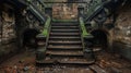 A staircase with moss growing on it and a broken railing, AI Royalty Free Stock Photo