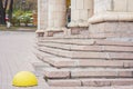 Staircase of old building with concrete sphere prohibiting parking, traditional architecture of Kiev, Ukraine