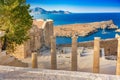 Staircase of the Propylaea and Church of St. John on the Acropolis of Lindos (Rhodes, Greece) Royalty Free Stock Photo