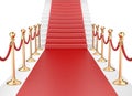 Staircase and red carpet between two gold stanchions with rope Royalty Free Stock Photo