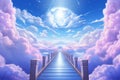 Staircase rising towards a bright light in the sky. Concept of heaven, spiritual journey, ascension, hope, guidance, and Royalty Free Stock Photo