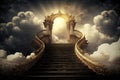 staircase with shining golden steps leading to the heavens, surrounded by clouds