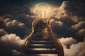 staircase with shining golden steps leading to the heavens, surrounded by clouds