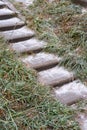 A staircase on a slope with concrete steps sprinkled with a thin layer of snow and frozen green grass