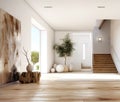 Staircase in spacious hallway. Interior design of modern rustic entrance hall with door in farmhouse. Created with generative AI Royalty Free Stock Photo