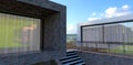 Staircase to the decked terrace. Wall finished with old red brick. Glass fence. Curtains are visible through transparent panoramic Royalty Free Stock Photo