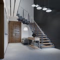 Staircase to the second floor in a modern apartment with metal railings and wooden steps with large pendant lamps, black and white