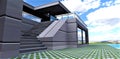 Staircase to the terrace of the contemporary dwelling with aluminium exterior. Lawn concrete pavement. 3d rendering
