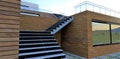 Staircase to the terrace of a magnificent large house. Finishing the stairwell with a facade board. The fence is glass. reflective