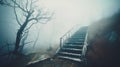 Staircase to the top of the mountain in the fog. Royalty Free Stock Photo