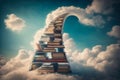 Stairs with books on a background of blue sky and clouds