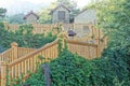 Stairs with brown wooden handrails