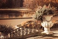 Stairs cast iron pot with plants on the street view of the pond in the Park, autumn natural beauty Sunny weather