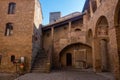 Stairs in courtyard, Towers, San Gimignano, Tuscany, Italy