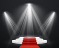 Stairs 3d with red carpet. Spotlight scene staircase podium for celebrity pedestal award stairway up to success