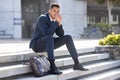 Stairs, depression and sad businessman thinking of career crisis, trading investment fail or unemployment. Mental health