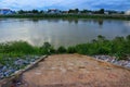 Stairs down the path and landscape, river and sky, grass Royalty Free Stock Photo