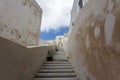 Stairs and exterior of the cathedral of Saint John teh Baptist, Fira, Santorini, Cyclades, Greece Royalty Free Stock Photo