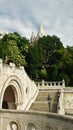 Stairs in Fisherman`s Bastion, Castle hill in Buda, beautiful architecture, sunny day, Budapest, Hungary Royalty Free Stock Photo