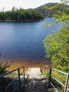 Stairs on the lake with clean water and mountain views ,Vodni nadrz Orlik nad Vltavou, Czech Republic, South Bohemia Royalty Free Stock Photo