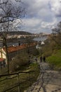 Stairs leading down from the Vysehrad park to the banks of Vltava river in Prague Royalty Free Stock Photo